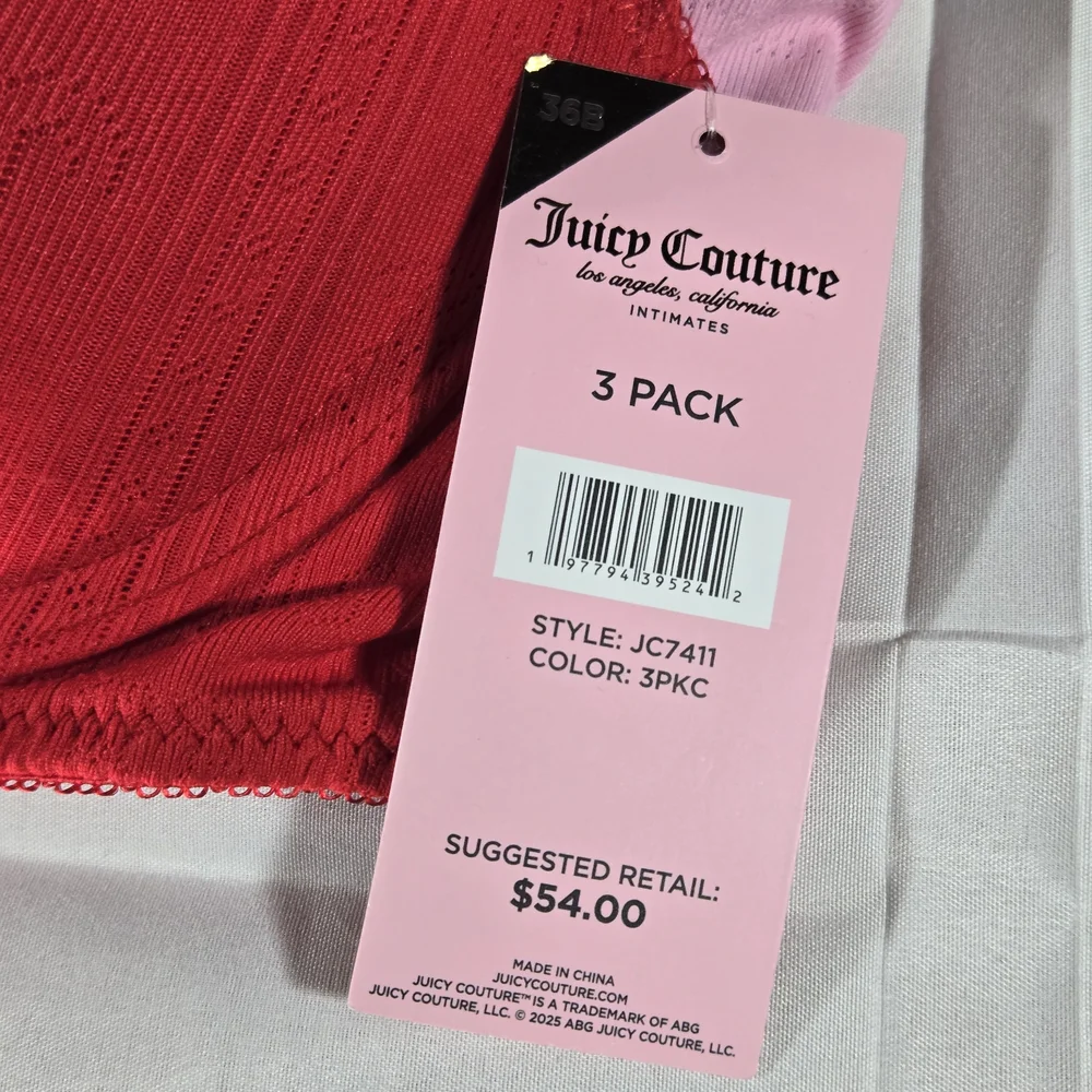 3 Pack JUICY COUTURE Sexy Push Up Bra 36B NWT Red Pink Valentines - Picture 4 of 6